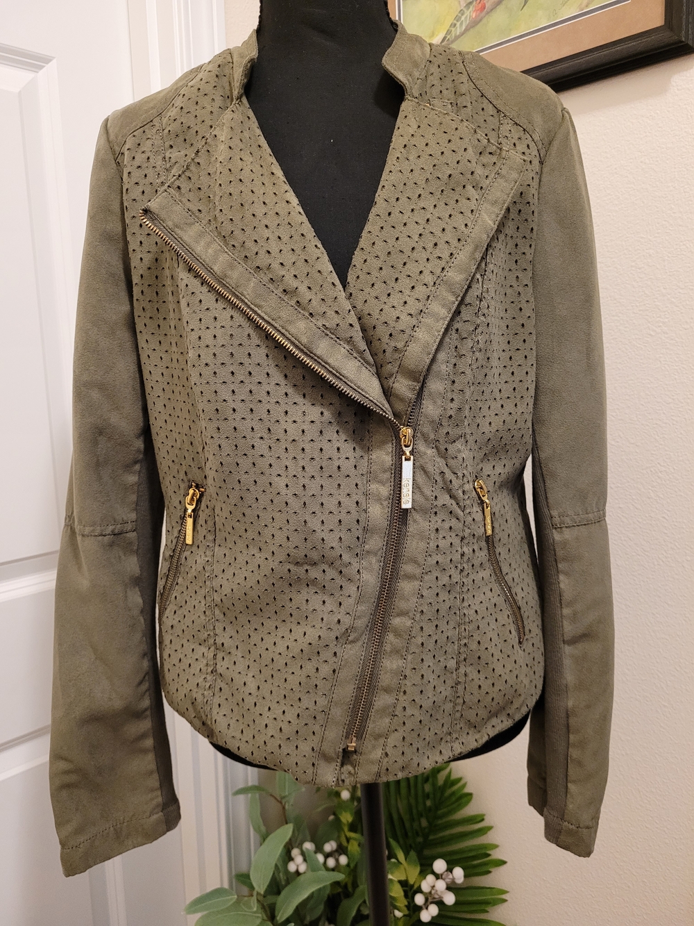Kensie Olive Perforated Moto Jacket with Gold Zippers